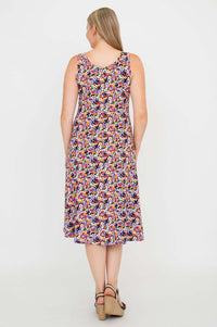 Back view of woman wearing floral Evangelina tank dress