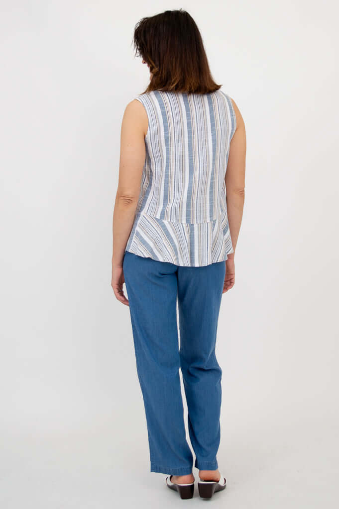 Back view of Ginny Tank showing striped pattern and peplum hem