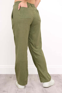 Back view highlighting rear pockets and elastic waistband of the olive Melodie Pant