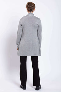 Rear view of model wearing the Paige Sweater in light grey