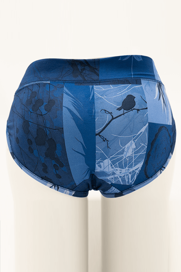 Back view of blue bamboo print hipster underwear on mannequin