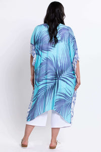 Back view of model displaying the palm leaf pattern on the Darcy kimono wrap