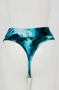 Back view of high rise thong underwear with blue marble design