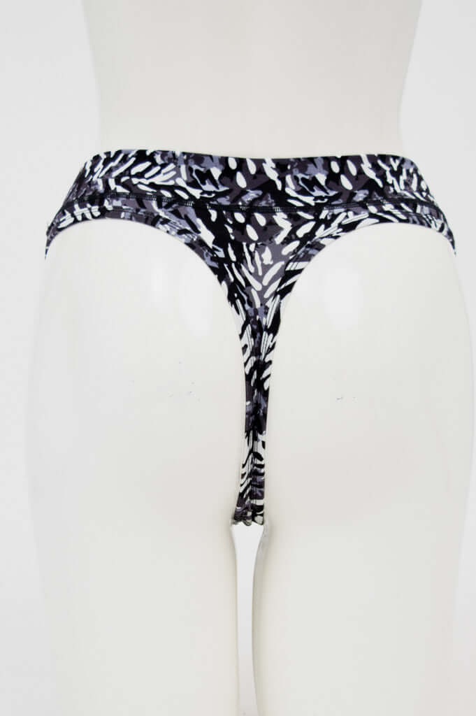 Back view of black and white patterned high rise bamboo thong underwear on mannequin
