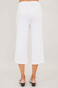 Back view of Bella Capri Pant in white, featuring elastic waistband and straight leg