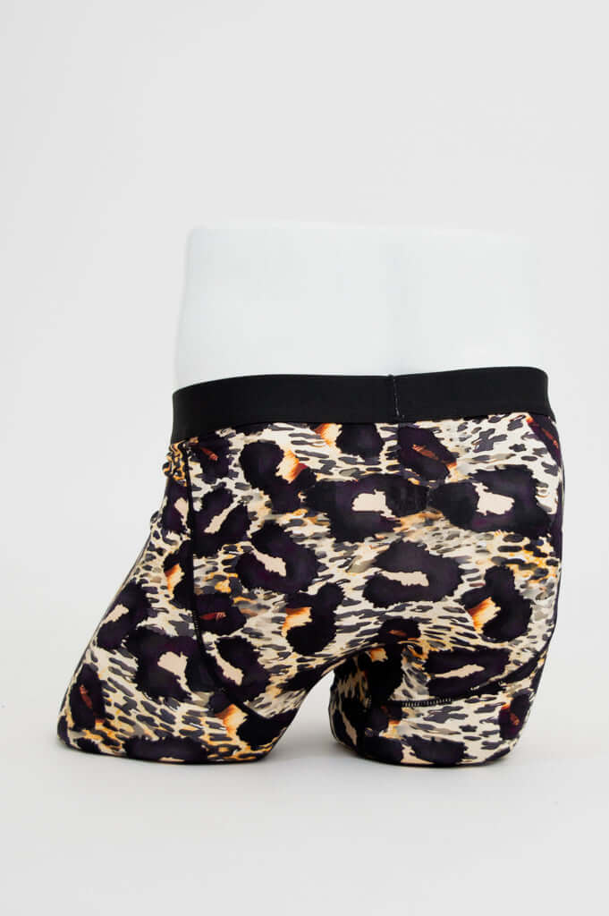 Back view of Blue Sky Guy leopard print bamboo boxer briefs on mannequin