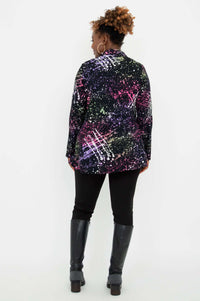 Back view of the Cindy smocked long sleeve shirt displaying the abstract multicolored pattern