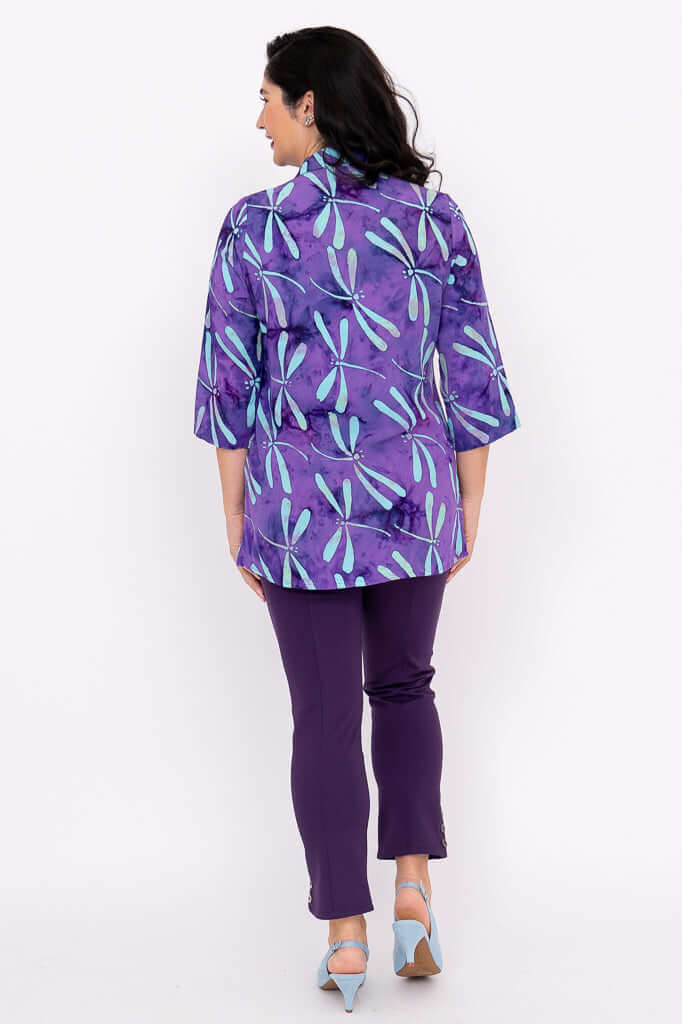 Back view of Cindy blouse showing violet dragonfly print and 3/4 sleeves
