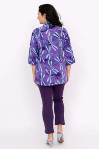 Back view of Cindy blouse showing violet dragonfly print and 3/4 sleeves