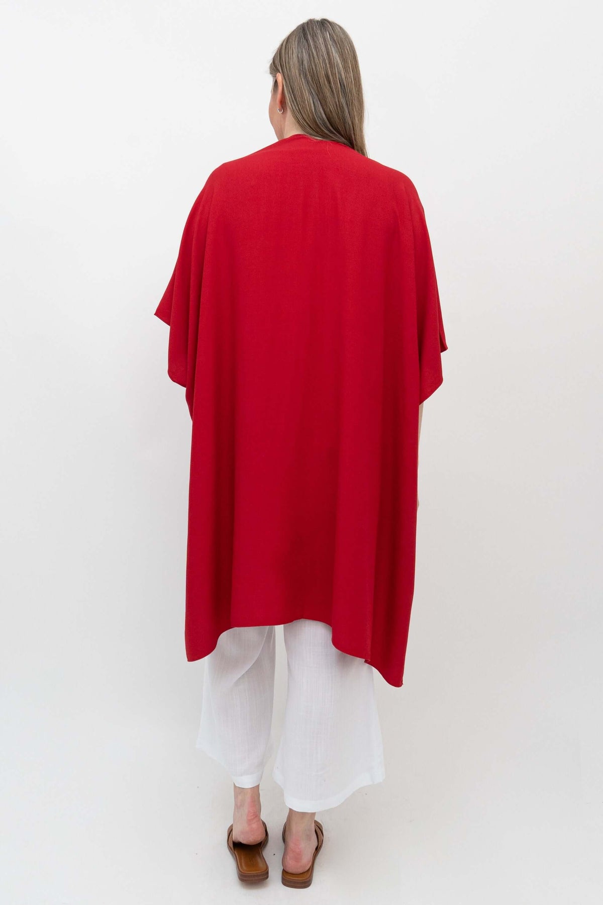 Back view of a woman wearing the Darcy red kimono wrap showing the relaxed fit