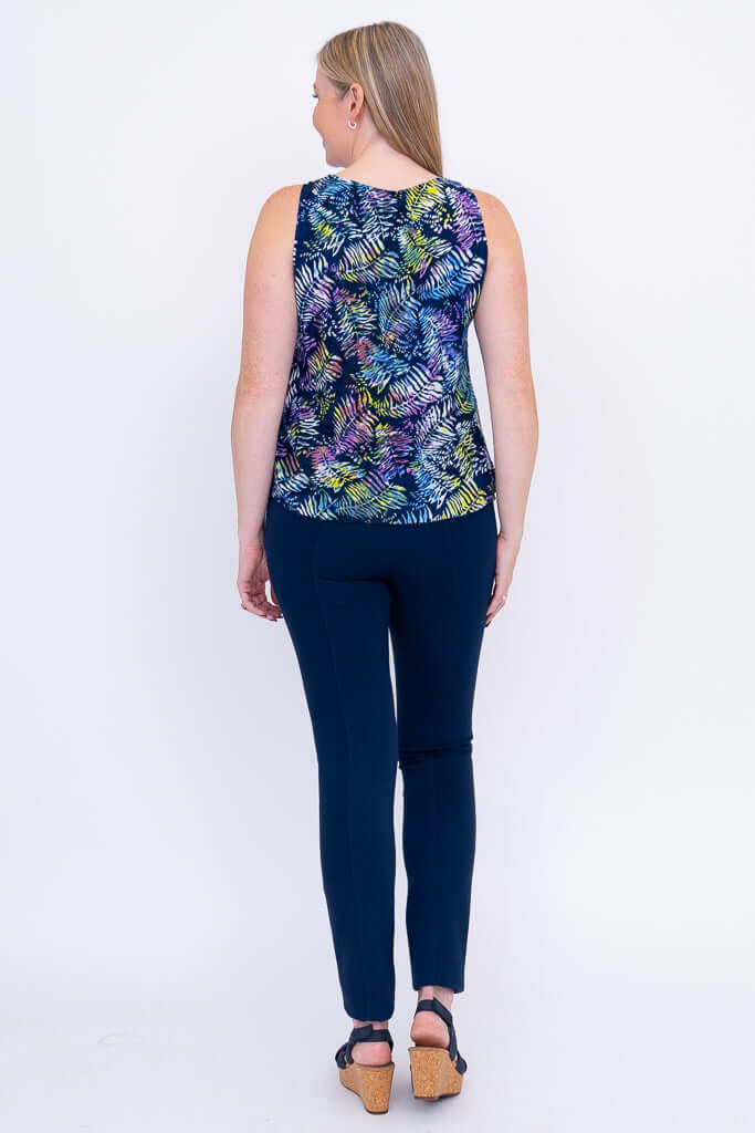 Back view of woman in Dee Tank top showing leaf print and relaxed fit