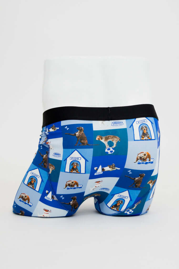 Back view of men's boxer briefs featuring doghouse and dog design in blue shades