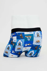 Back view of men's boxer briefs featuring doghouse and dog design in blue shades