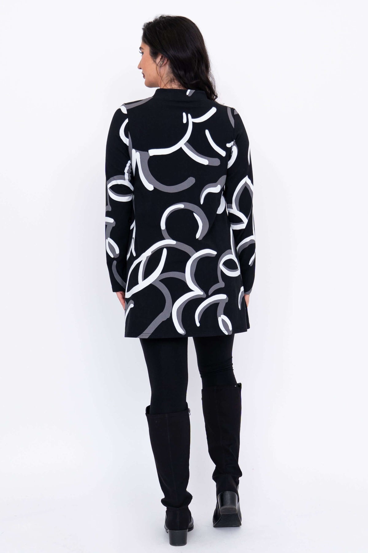 Back view of Edwina tunic showing all-over abstract pattern in white and grey.