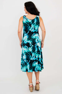 Back view of a woman in the Evangelina tank dress featuring an aqua marble design