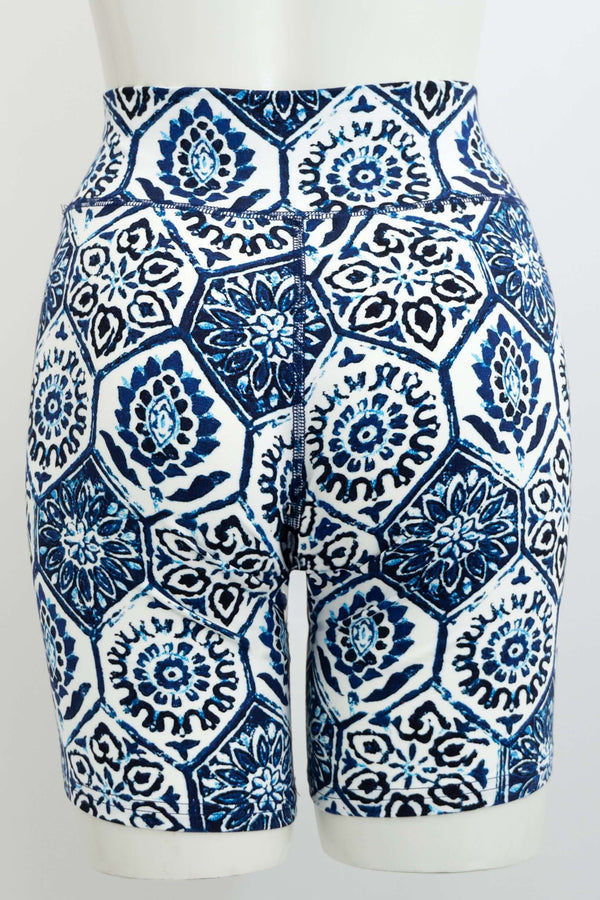 Back view of Hallie Bamboo Shorts in Blue Tile geometric pattern