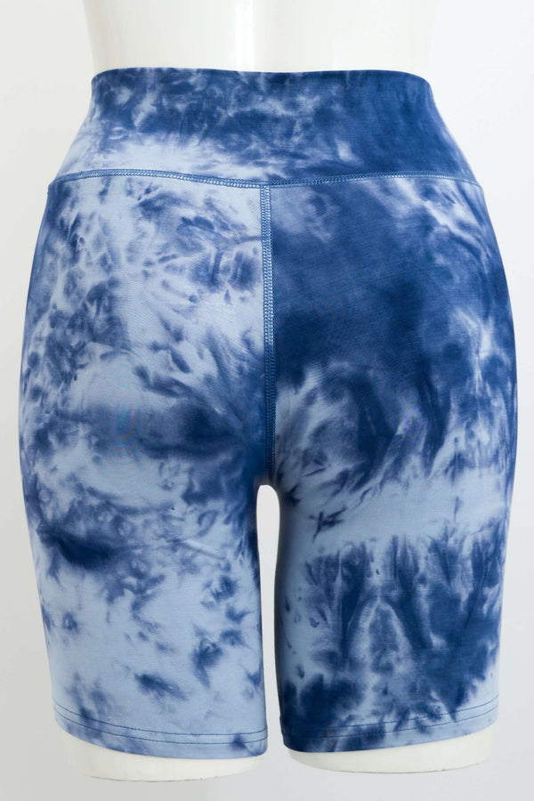 Rear view of blue tie-dye bamboo shorts highlighting the fit and stitching details