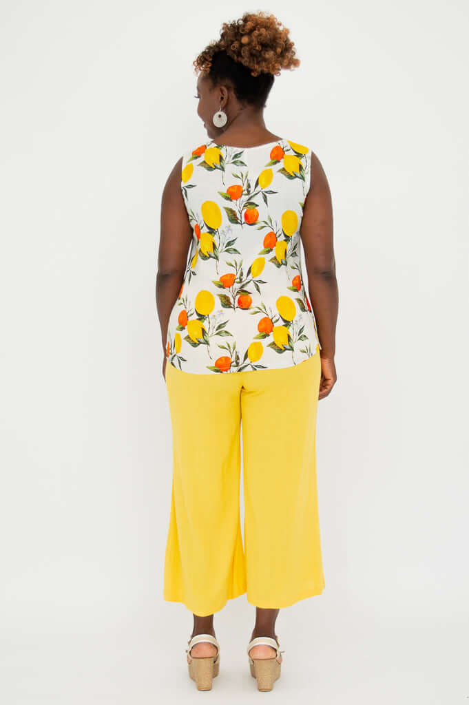 Back view of the Hannah Citrus V-Neck Tank showcasing the citrus print and relaxed fit