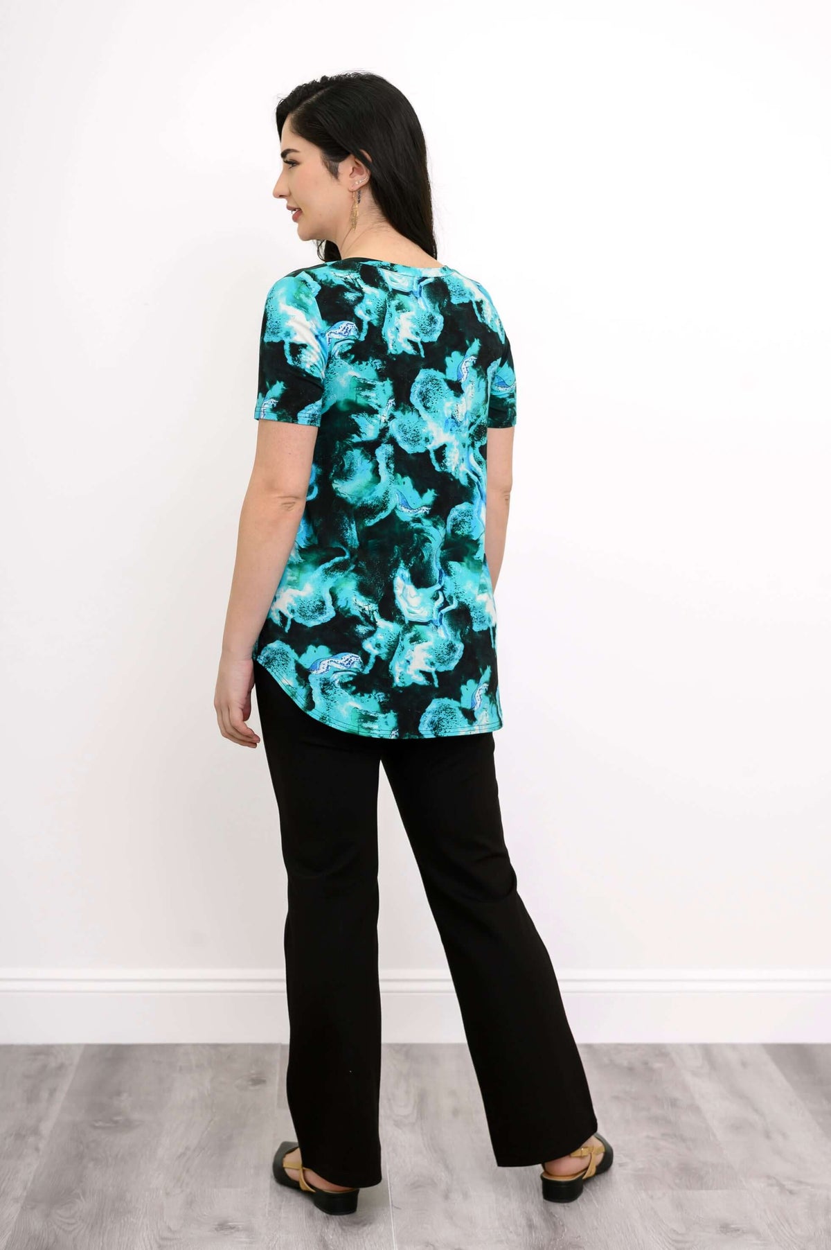 Back view of Jackie Bamboo V-Neck Top in Ocean Swirl design