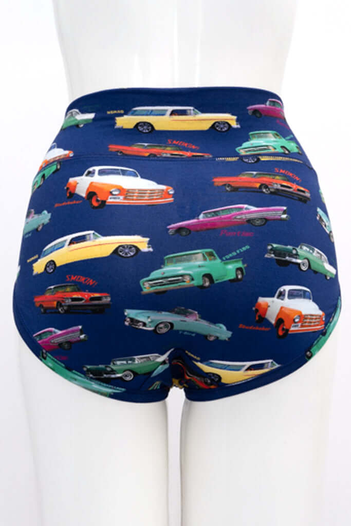 Back view of classic brief featuring multicolored vintage car print