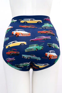 Back view of classic brief featuring multicolored vintage car print