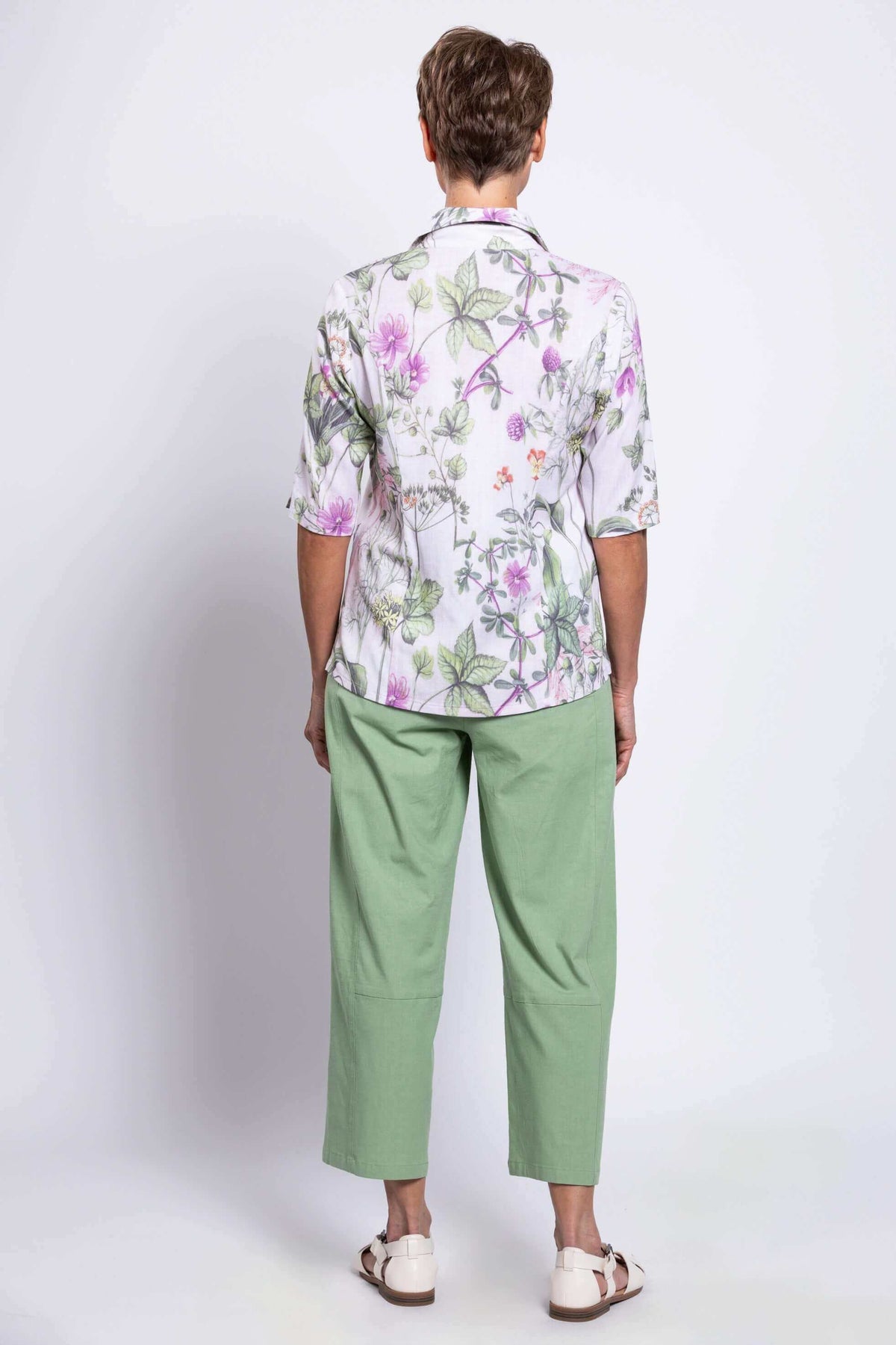 Back view of Lorine bamboo linen blouse with botanical floral print