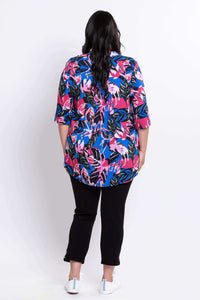 Back view of Margate blouse in bold botanical print worn by woman