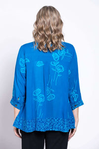 Back view of the blue floral blouse highlighting mandarin collar and patterned trim