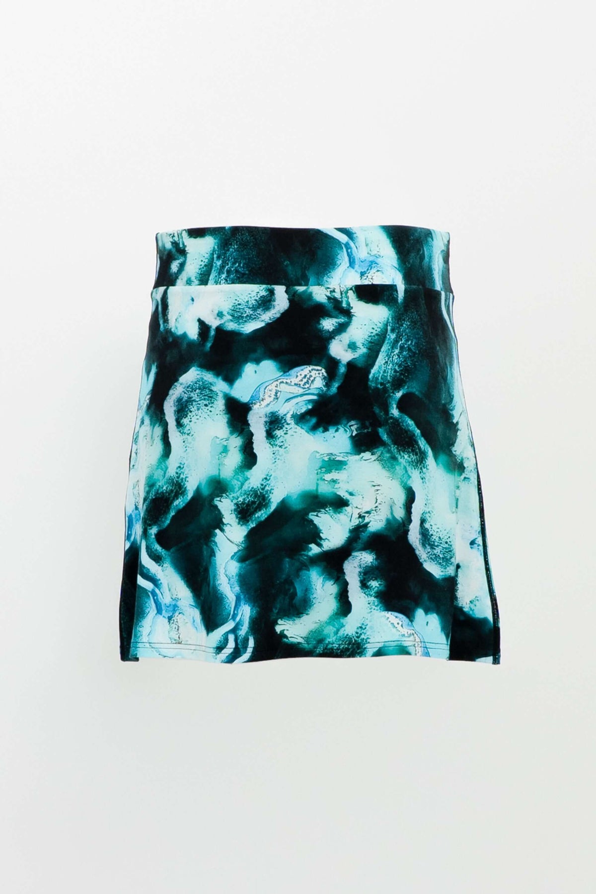 Back view of Melly skirt-shorts in aqua marble print