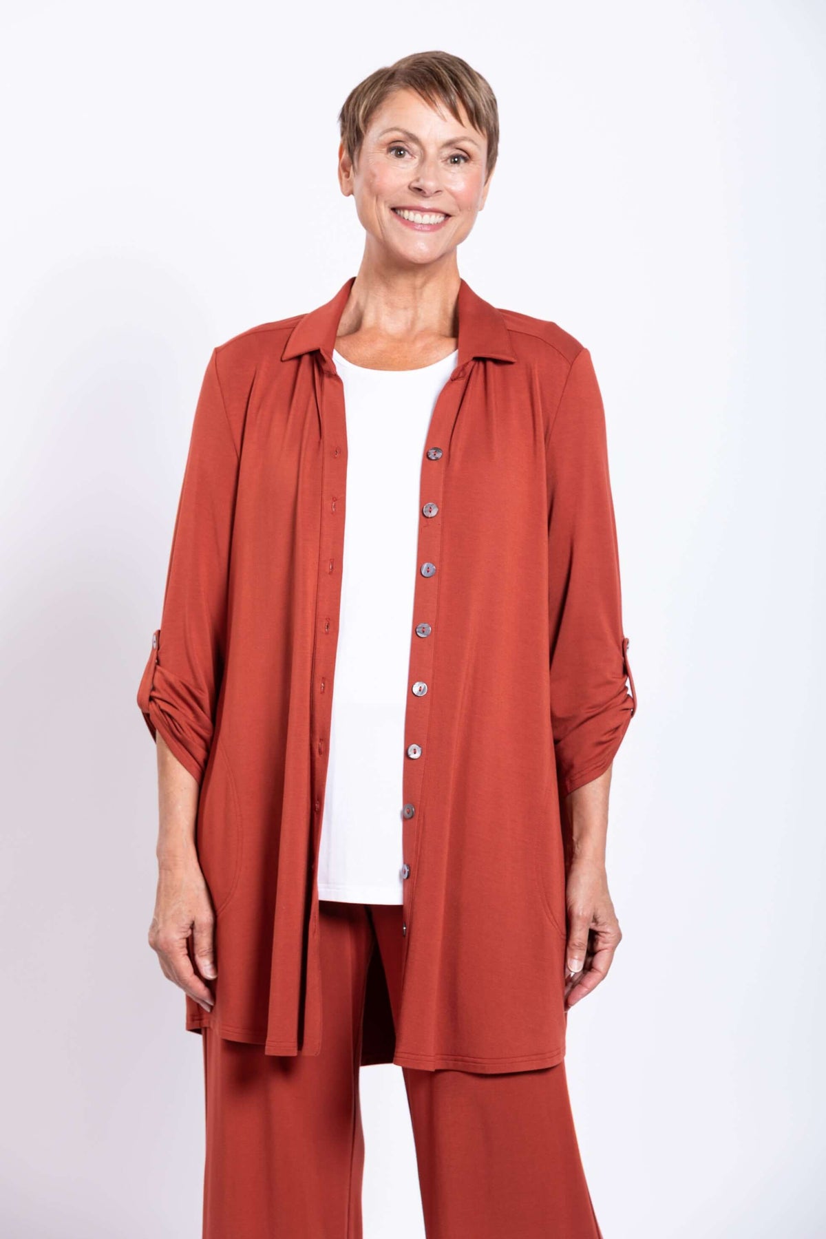 Rear view of Michele Bamboo French Terry blouse showing flowy back and sleeve design