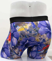 Back view of men's bamboo boxer briefs showcasing full floral design and black waistband