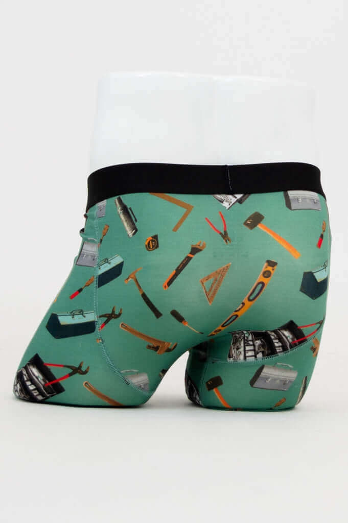Rear view of Middle Man men's bamboo underwear featuring tool graphic print and black waistband