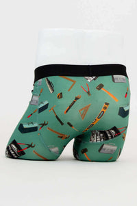 Rear view of Middle Man men's bamboo underwear featuring tool graphic print and black waistband