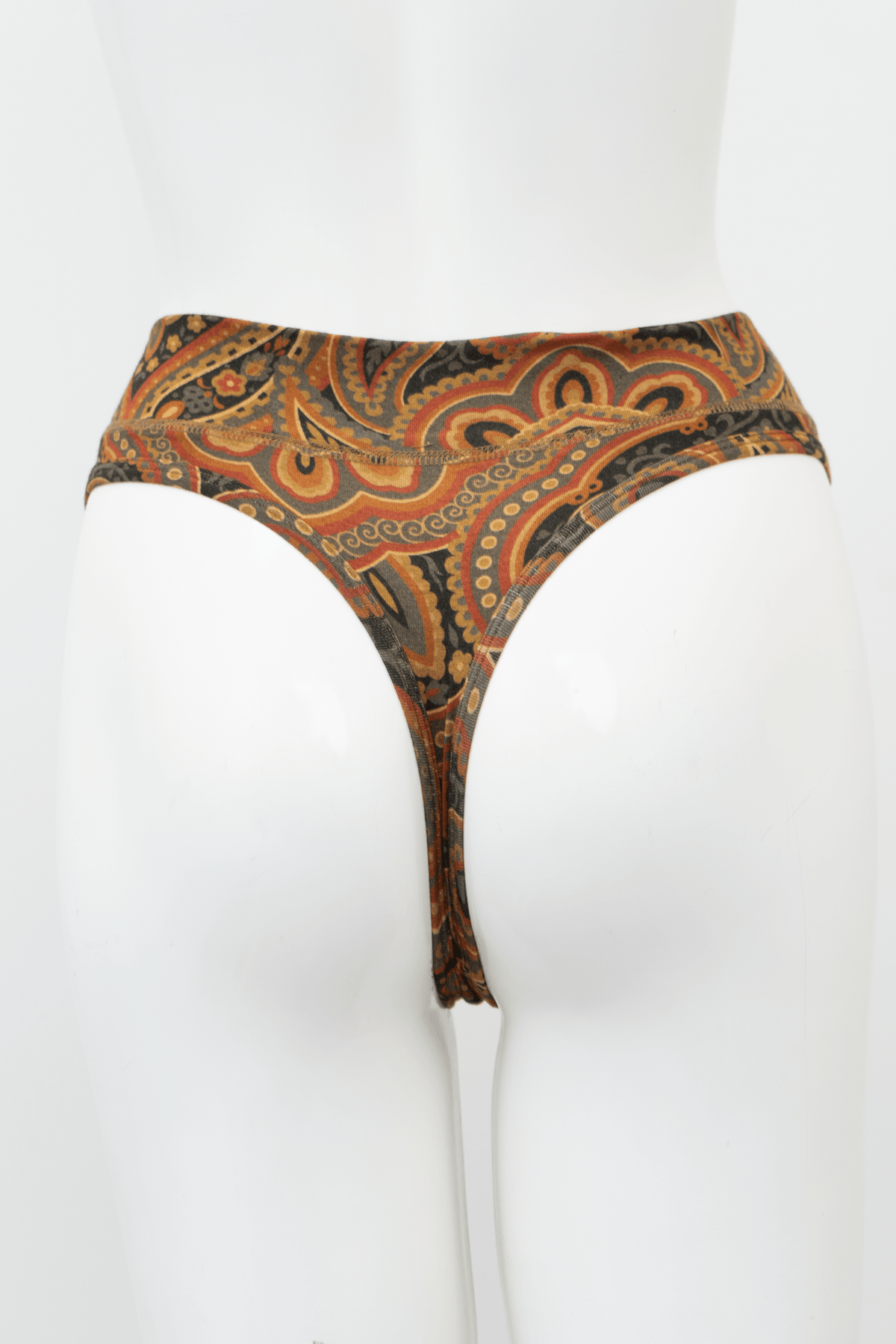 Back view of paisley patterned high-rise thong on mannequin