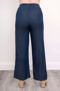 Back view of Parker wide leg tencel pants showing elastic waistband and flowy fit