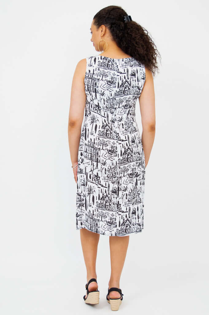 Back view of woman wearing Patricia sleeveless shift dress