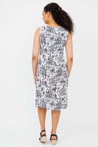 Back view of woman wearing Patricia sleeveless shift dress