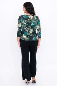 Back view of model wearing a dark green floral sweetheart neckline top with 3/4 sleeves