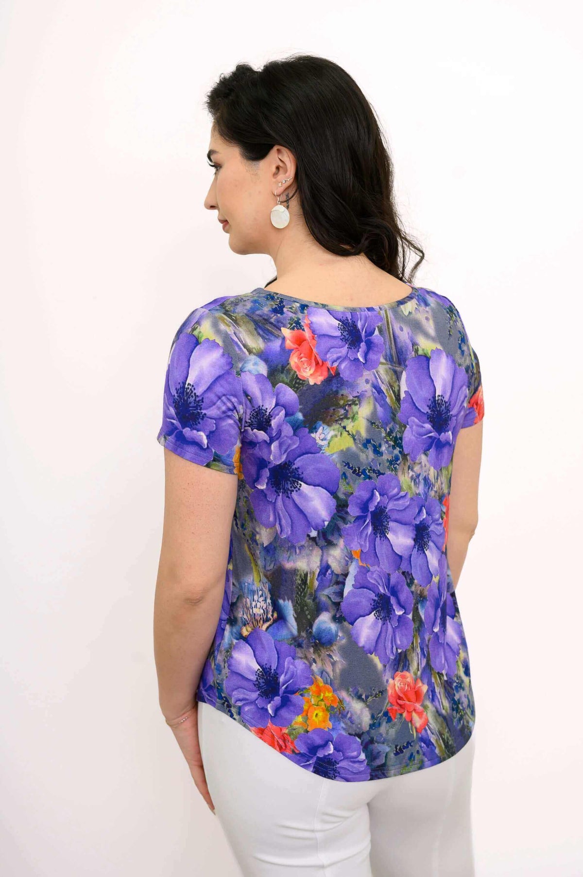 Back view of Ritzy Sweetheart Top displaying full floral pattern and relaxed fit