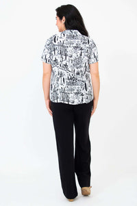Back view of Samantha shirt showing black and white print detail