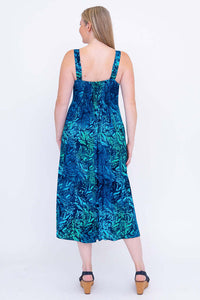 Back view of Shauna empire waist blue A-line midi dress