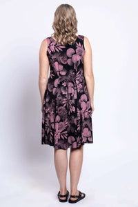 Back view of Sweet Sara dress with tie belt in pink botanica print
