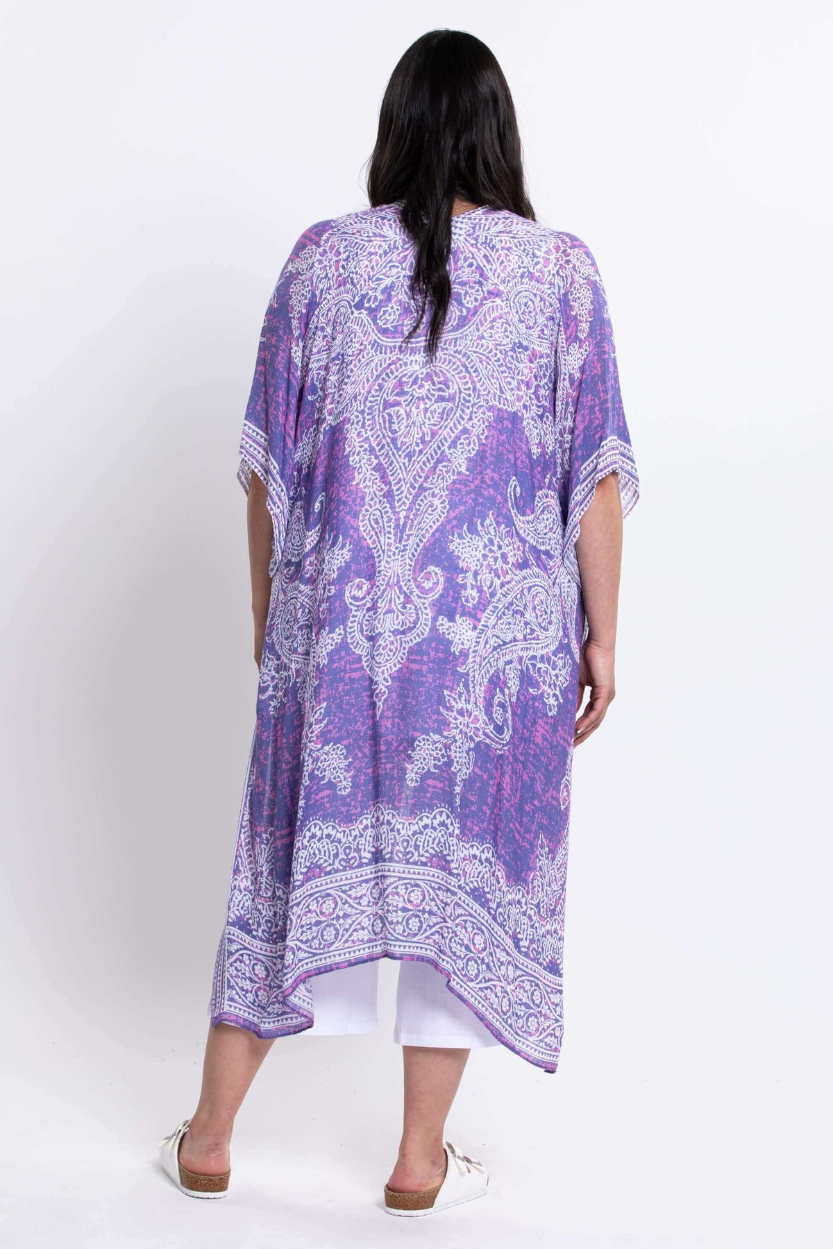Back view of The Darcy Kimono Wrap with ornate paisley pattern