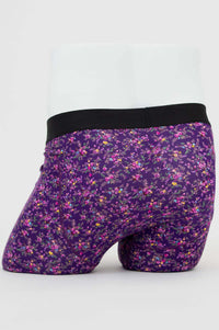 Back view of violet floral men's bamboo boxer briefs with black waistband