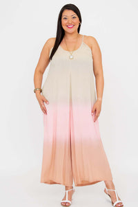 Back view showing adjustable straps and ombre coloring on the wide leg jumpsuit