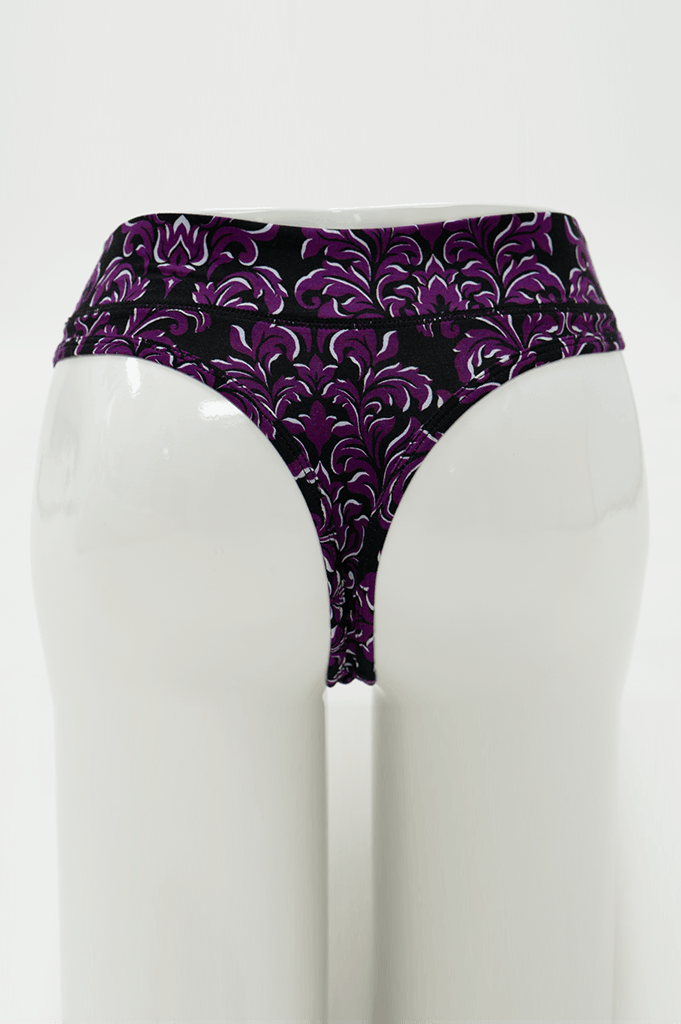 Back view of bamboo high rise thong in purple baroque floral print