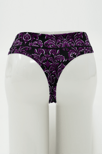 Back view of bamboo high rise thong in purple baroque floral print