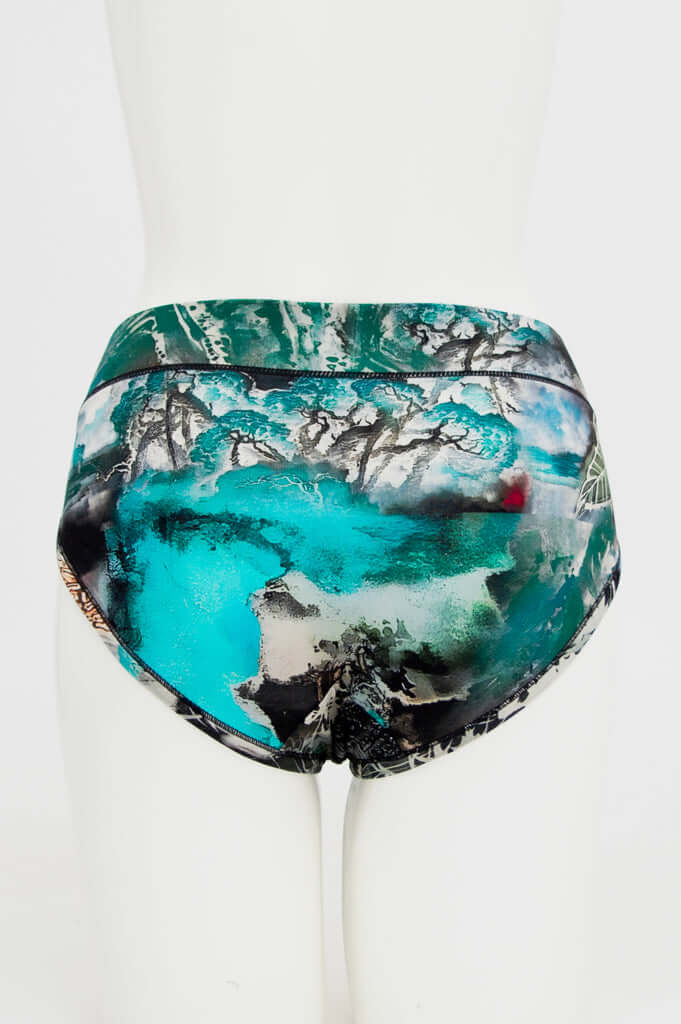 Back view of bamboo hipster brief displaying full coverage and vibrant print