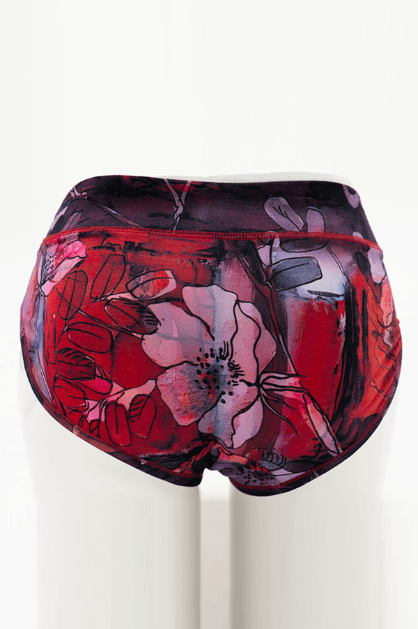 Back view of bamboo hipster underwear in red watercolor floral print on mannequin