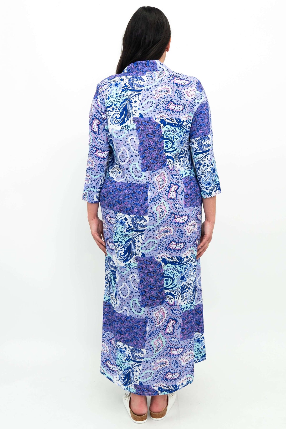 Back view of bamboo linen maxi shirt dress showing full length and pattern